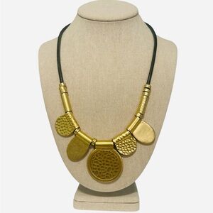 Madewell modern Hammered Gold disc on black leather chain necklace.